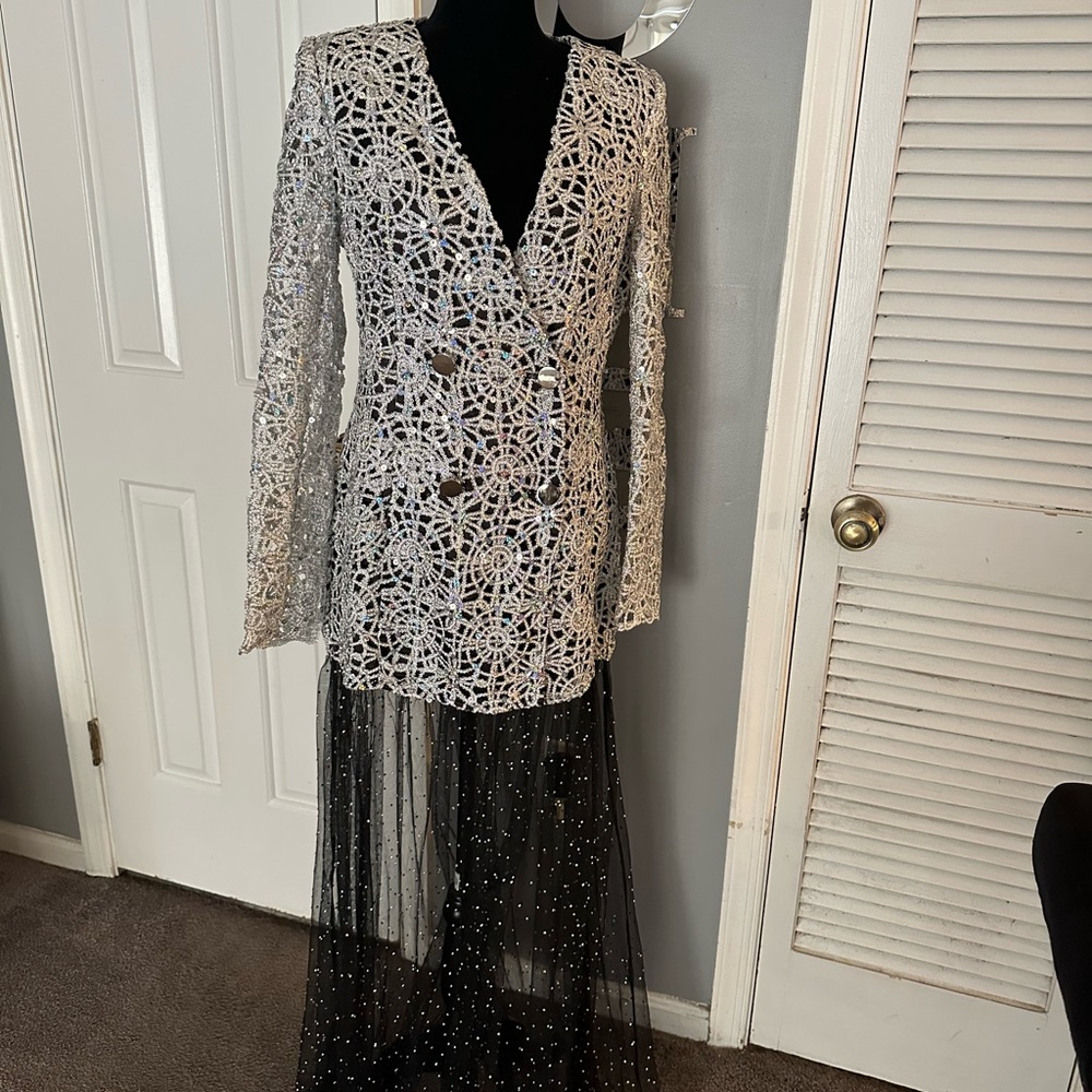 New Fashion Nova Formal Sequin Tuxedo Dress with Sheer Rhinestone Skirt